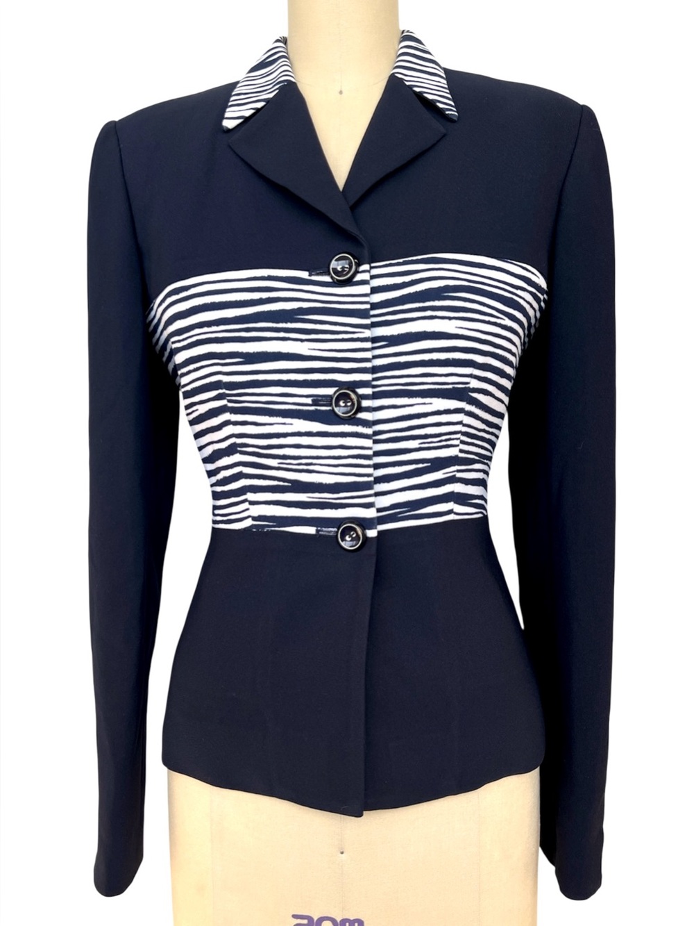 Vintage Y2K Alberto Makali Sz 6 S M Button Front Navy Blazer Zebra Print Block